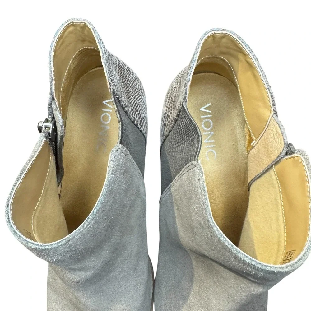 Vionic Anne Booties Womens Size 9.5 Gray Suede Snake Print Ankle Zip Comfort